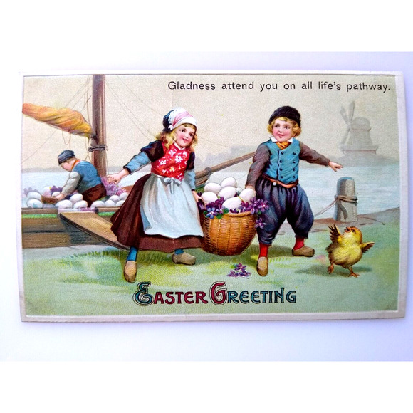 Easter Greetings Postcard Dutch Children Egg Basket Dockside Boat Windmill 2262 - Picture 2 of 3